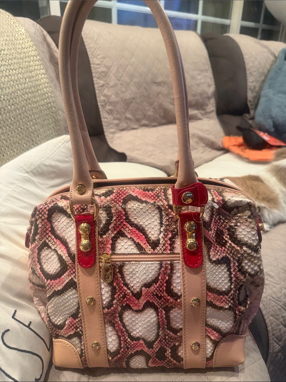 Pink Snake-Print Satchel Handbag